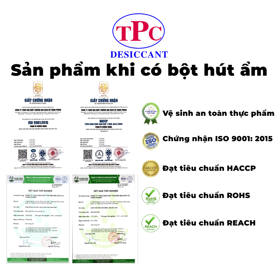 Dây Bột Hút Ẩm Max Desi 1Kg/10 túi 14 Chứng nhận chất lượng gói hút ẩm tại Thịnh Phong