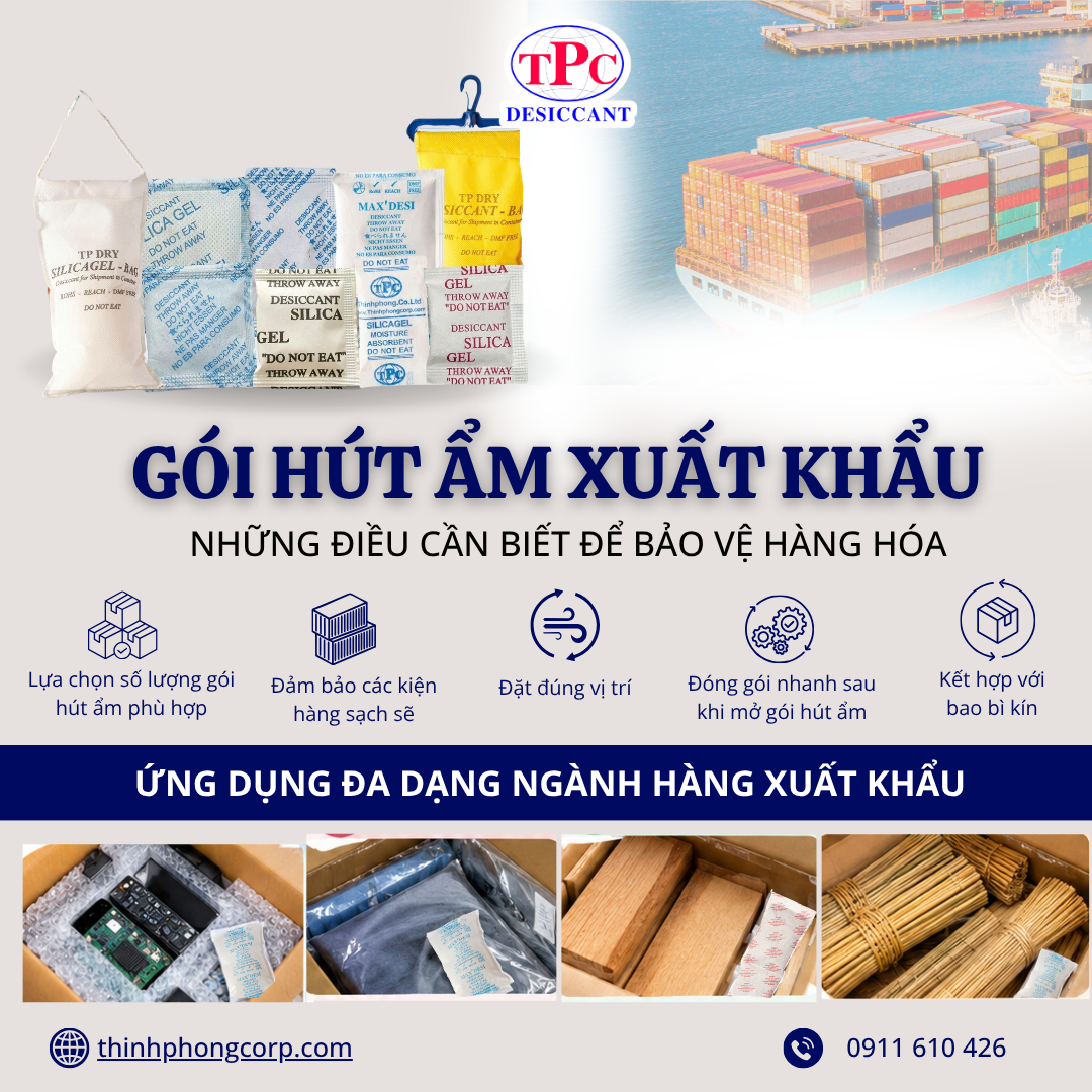Gói hút ẩm xuất khẩu được sử dụng như một giải pháp hỗ trợ kiểm soát độ ẩm bên trong bao bì, container giúp bảo vệ sản phẩm trong suốt quá trình lưu kho và vận chuyển. Trong bối cảnh xuất nhập khẩu ngày càng phát triển và trở nên quan trọng trong việc kết nối thị trường Việt Nam với quốc tế. Vì vậy, không thể xem nhẹ vấn đề bảo vệ hàng hóa trong quá trình vận chuyển. Đặc biệt đối với những hàng hóa cần vận chuyển nhiều ngày, môi trường ẩm móc chính là "kẻ thù" làm cho hàng hóa bị rỉ sét, bong tróc bao bì thậm chí là bị hư hỏng. 